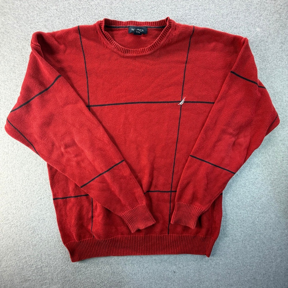 Nautica Mens Red Windowpane Plaid 100% Cotton Crew Neck Sweater Size M
